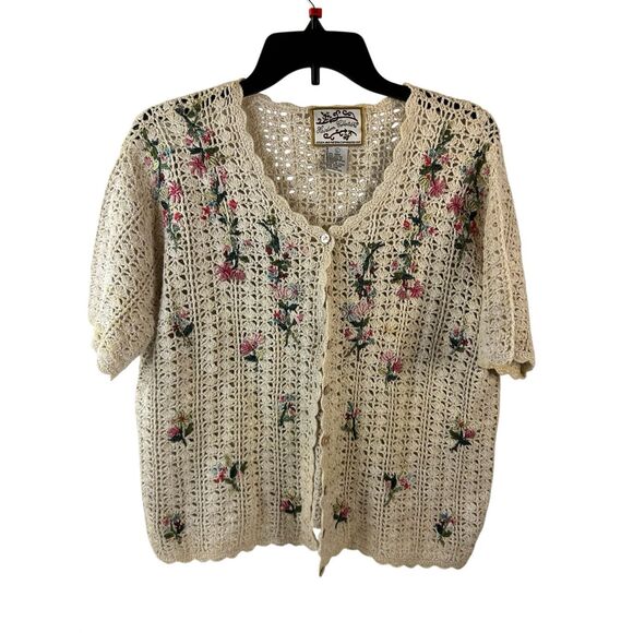 Heirloom Collection Crochet sweater large flowers buttons rn383437 - Picture 1 of 10
